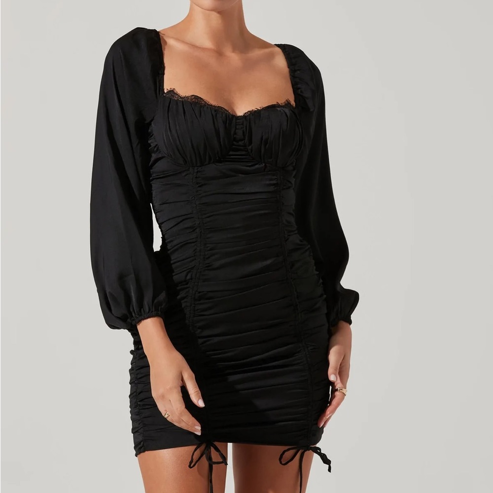 ASTR Mardi Lace Trimmed Ruched Mini Dress in Purple
